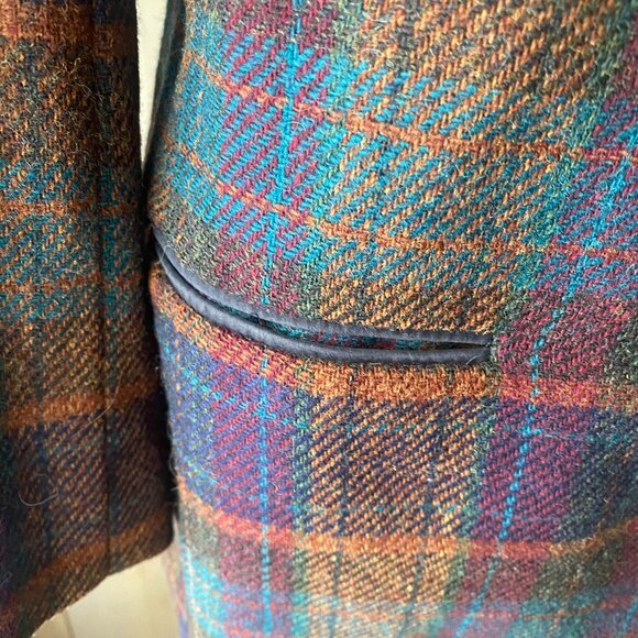 VTG 90s colorful plaid wool oversized blazer leather trim S academia old money - Picture 10 of 14
